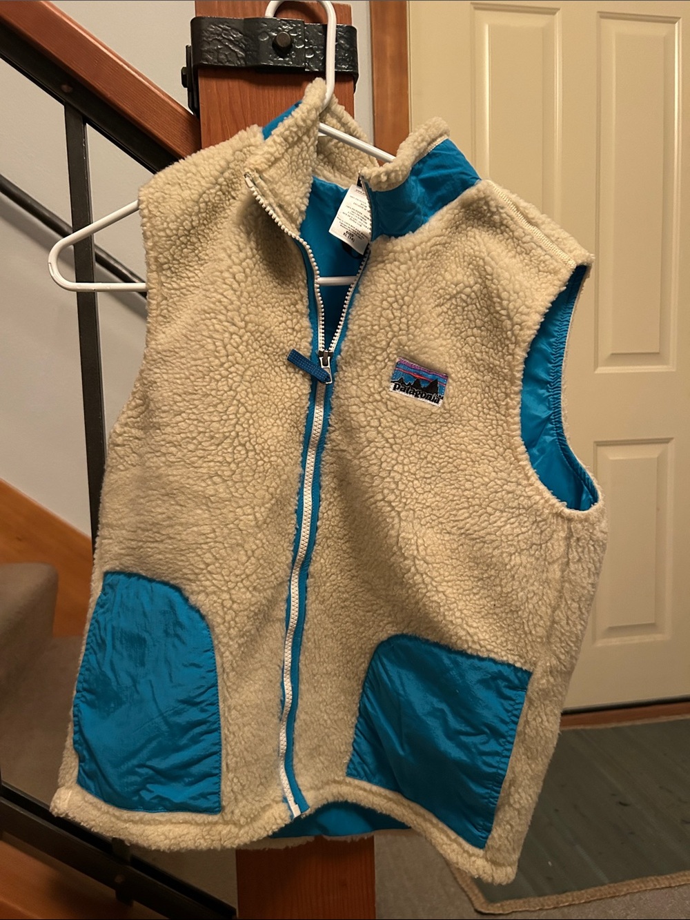Patagonia Kids Cream Sherpa Vest with Bright Blue Accents